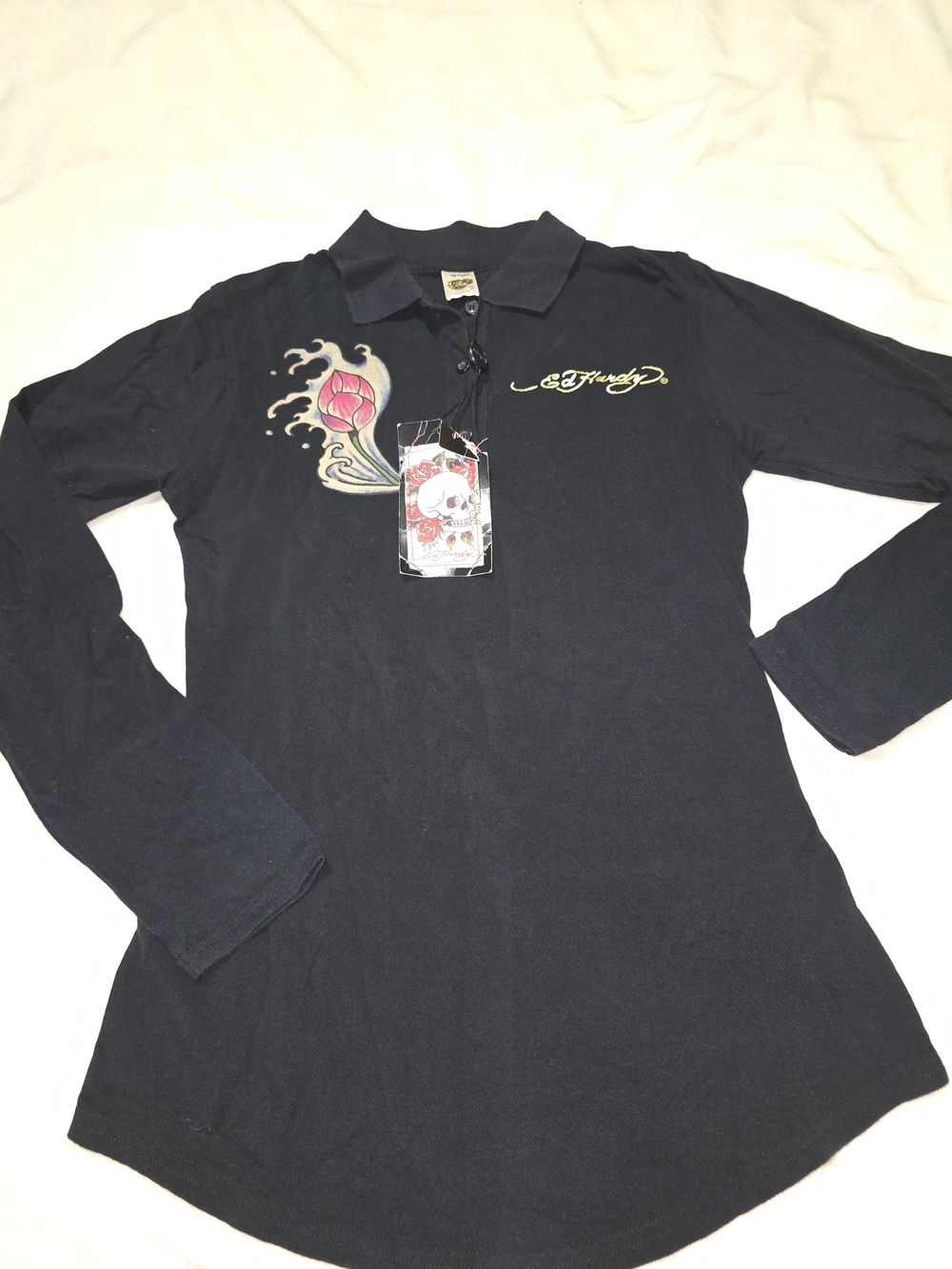 Ed Hardy Women’s Black Long-Sleeve Polo Top with Pink Floral Accent - Picture 2 of 7